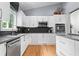 Modern kitchen with stainless steel appliances, white cabinets and black backsplash at 5148 Stratham Dr, Dunwoody, GA 30338