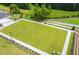 An aerial view of an outdoor green space surrounded by sidewalks, parking lots and lush trees at 739 Marlay Sw Ln, Powder Springs, GA 30127