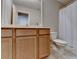Bright bathroom featuring a wooden vanity, a large mirror and a toilet with a shower curtain at 2505 Thackery Ct, Cumming, GA 30041