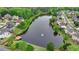 An aerial shot of the community pond, showing surrounding homes, green landscape, and a fountain at 1943 Blue Heron Way, Lawrenceville, GA 30043