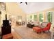 Open living room with vaulted ceilings, fireplace, and natural light from windows at 5020 Huntshire Sw Ln, Lilburn, GA 30047