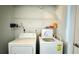 Bright laundry room with white washer and dryer, convenient shelving, and neutral walls at 115 W Peachtree Nw Pl # 709, Atlanta, GA 30313