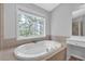 Bright bathroom features a soaking tub under a large window and a vanity with ample counter space at 110 Village Green Cir, Tyrone, GA 30290
