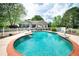 Backyard pool featuring bright blue water, a red brick border, and a white fence surround at 1510 Pecan Plantation Ct, Loganville, GA 30052