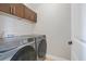Clean laundry room with grey front loading washer and dryer and upper storage cabinets at 1199 Huff Nw Rd # 112, Atlanta, GA 30318