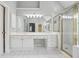 Bright bathroom with large vanity, ample storage, and gold trimmed glass shower at 2645 Preston Ridge Ln, Dacula, GA 30019