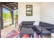 Comfortable covered patio area with stylish outdoor seating and a brick floor at 12520 Celestine Way, Milton, GA 30075