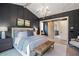 Spacious main bedroom offering paneled accent wall, modern chandelier, and a barn door entrance at 12520 Celestine Way, Milton, GA 30075