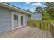 Wooden deck with railing overlooking backyard and neighboring building at 4665 Big Valley Rd, Stone Mountain, GA 30083