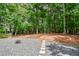 Backyard landscape of a home features a fire pit, stone pathway, and wooded surroundings at 615 Woodwork Way, Roswell, GA 30076