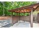 A wood gazebo sits on a concrete slab, adjacent to a deck and a crushed gravel area at 615 Woodwork Way, Roswell, GA 30076