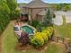 Aerial view of a luxurious backyard including the pool, fire pit area, patio and large lawn area at 7045 Parrish Way, Cumming, GA 30040
