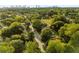 An aerial shot showcasing the lush greenery and streetscape of the neighborhood, with a city skyline in the background at 1596 Foote Ne St, Atlanta, GA 30307
