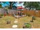 Cozy backyard seating area with a fire pit, stepping stones, and a wooden privacy fence at 2349 June Springs Sw Dr, Marietta, GA 30008