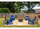Backyard fire pit area with patio stones and blue Adirondack chairs at 2349 June Springs Sw Dr, Marietta, GA 30008