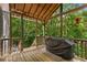 The covered back deck with wooden floors and rails overlooks a scenic wooded area, perfect for enjoying nature at 588 Peachtree Se Dr, White, GA 30184
