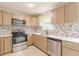 Modern kitchen featuring stainless steel appliances and beautiful herringbone backsplash at 3022 Stonebridge Creek Dr, Lithonia, GA 30058