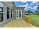 View of the back porch with wooden flooring and a view of the spacious backyard at 11305 Knollwood Bend, Johns Creek, GA 30097