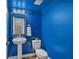 Vibrant blue powder room features a pedestal sink, toilet, and modern mirror at 2066 Patterson Park Rd, Decatur, GA 30033