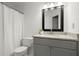 Modern bathroom featuring gray vanity, granite counters, and a shower-tub combination at 5626 River Heights Se Xing, Marietta, GA 30067