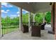 Relaxing covered patio featuring comfortable wicker seating with views of the manicured backyard at 6515 Ashbourne Ct, Suwanee, GA 30024
