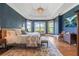 Spacious main bedroom featuring a tray ceiling, bay windows, wood floors and custom wall treatments at 6515 Ashbourne Ct, Suwanee, GA 30024