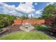 Backyard with an outdoor dining area set on stone, surrounded by manicured gardens and a privacy fence at 17 Lexington Ct, Dallas, GA 30157
