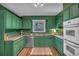 Cozy kitchen features green cabinetry and stainless steel appliances at 115 Lake Pines Ct, Roswell, GA 30076