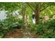 Lush backyard with stone path, mature trees and plantings offer a serene escape at 1740 Ambercrest Pl, Buford, GA 30518