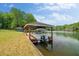Well-maintained boat dock with a boat, set against a backdrop of a tranquil lake at 2191 Lakeview Pkwy, Villa Rica, GA 30180