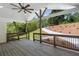 Relaxing covered back porch with wood floors, ceiling fan, and views of the landscaped backyard at 6835 Sunny Brook Ln, Atlanta, GA 30328