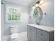 Charming bathroom with hexagonal tile floor, updated vanity, and soft blue walls at 3078 Alberta Dr, Marietta, GA 30062