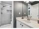 Modern bathroom boasts a glass-enclosed shower and white vanity with black fixtures at 4140 Lansfaire Ter, Suwanee, GA 30024