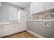 Well-organized laundry room with white cabinets, countertop, tiled floor and decorative patterned wallpaper at 1064 Highway 20 E, Mcdonough, GA 30252