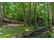 Secluded backyard featuring a charming wooden shed and a peaceful stream surrounded by lush greenery at 5205 Riverview Nw Rd, Atlanta, GA 30327