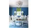 Bright dining room featuring a modern chandelier, dining table with stylish chairs, and blue wallpaper, creating an elegant space at 5205 Riverview Nw Rd, Atlanta, GA 30327