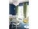 Bright dining room featuring a modern chandelier, dining table with stylish chairs, and blue wallpaper, creating an elegant space at 5205 Riverview Nw Rd, Atlanta, GA 30327