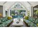 Stylishly furnished covered patio offers comfortable seating and views of the pool and backyard at 3086 E Pine Valley Nw Rd, Atlanta, GA 30305