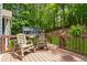 Cozy back deck with rocking chairs offering serene views of the lush green lawn and wooded surroundings at 76 Hollis Cir, Dallas, GA 30157