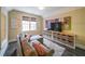 Cozy bonus room with large sectional, mounted television, and ample storage at 150 Shady Grove Ln, Alpharetta, GA 30009