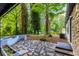A backyard with stone patio and lush trees, providing ample shade and creating a relaxing space at 1959 Oana Sw St, Atlanta, GA 30310