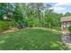 Expansive backyard with lush green lawn, mature trees, and landscaped garden beds at 11155 Highfield Chase Dr, Johns Creek, GA 30097