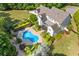 Breathtaking aerial view of a home showcasing a kidney bean-shaped in-ground pool, hot tub, and well-manicured landscaping at 110 Hawks Bnd, Canton, GA 30115