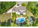 Stunning aerial view of a home featuring a backyard oasis with a large in-ground pool, lush landscaping, and a spacious patio at 110 Hawks Bnd, Canton, GA 30115
