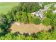 Aerial view of a sprawling estate with a custom home, lush greenery, batting cage, and private setting at 110 Hawks Bnd, Canton, GA 30115