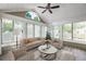 Bright sunroom with vaulted ceilings, large windows, and neutral decor, perfect for relaxation at 15104 Harvest Ridge Ln, Alpharetta, GA 30022