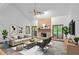 Spacious living room with stone fireplace, vaulted ceilings, a comfortable sofa, and ample natural light at 1498 Camp Point Ne Ct, Roswell, GA 30075