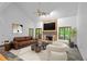 Cozy living room featuring a stone fireplace, vaulted ceiling, neutral furniture, and plenty of natural light at 1498 Camp Point Ne Ct, Roswell, GA 30075