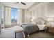 Serene main bedroom featuring a plush bed, bench, and a window with city views at 1820 Peachtree Nw St # 1110, Atlanta, GA 30309