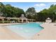 Resort-style community pool with zero entry, fountains, covered lounge, and seating at 1045 River Pt, Suwanee, GA 30024